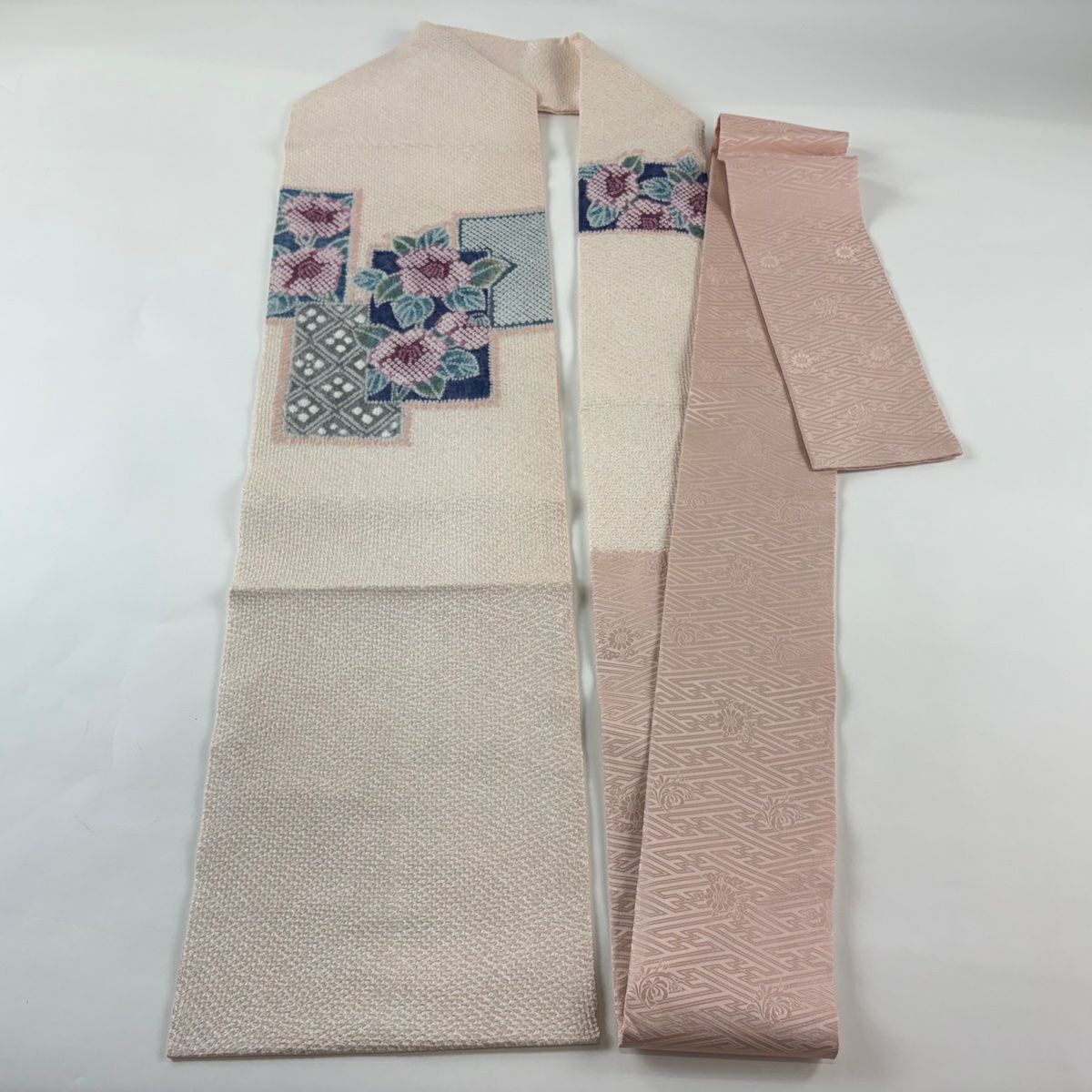 【美品】 名古屋帶 逸品級 椿 菱 總絞染 淺粉色 純蠶絲