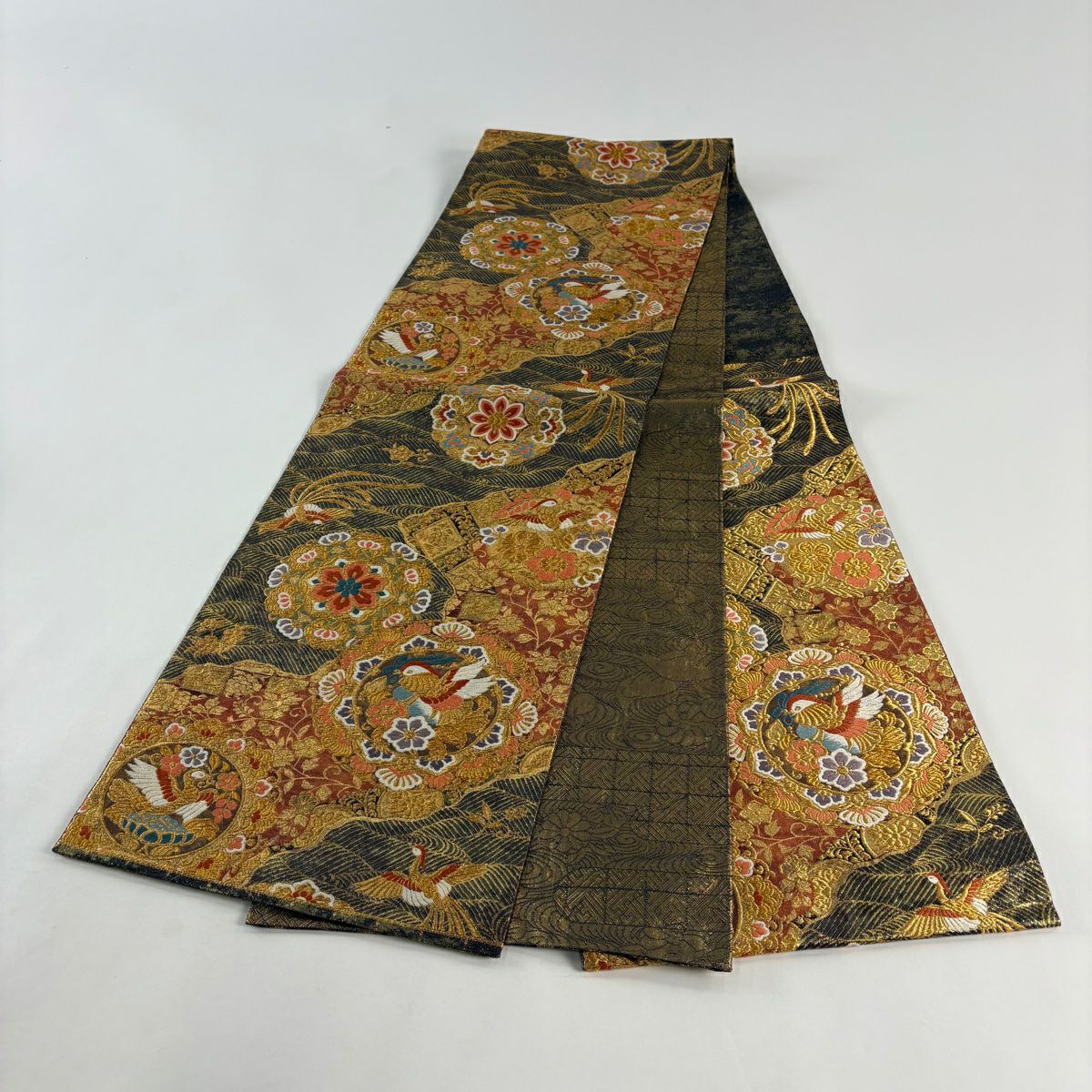 【美品】 袋帶 秀品級 華紋 花鳥 金糸 金金箔 墨 深藍 六通 純蠶絲