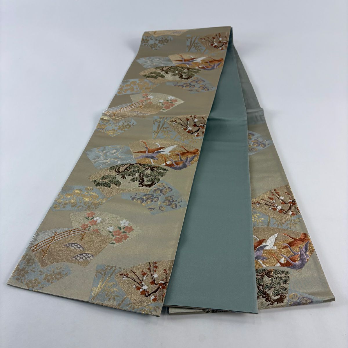 【美品】 袋帶 秀品級 扇子面 松樹竹子梅花 金絲 金金箔 灰綠 六通 純蠶絲