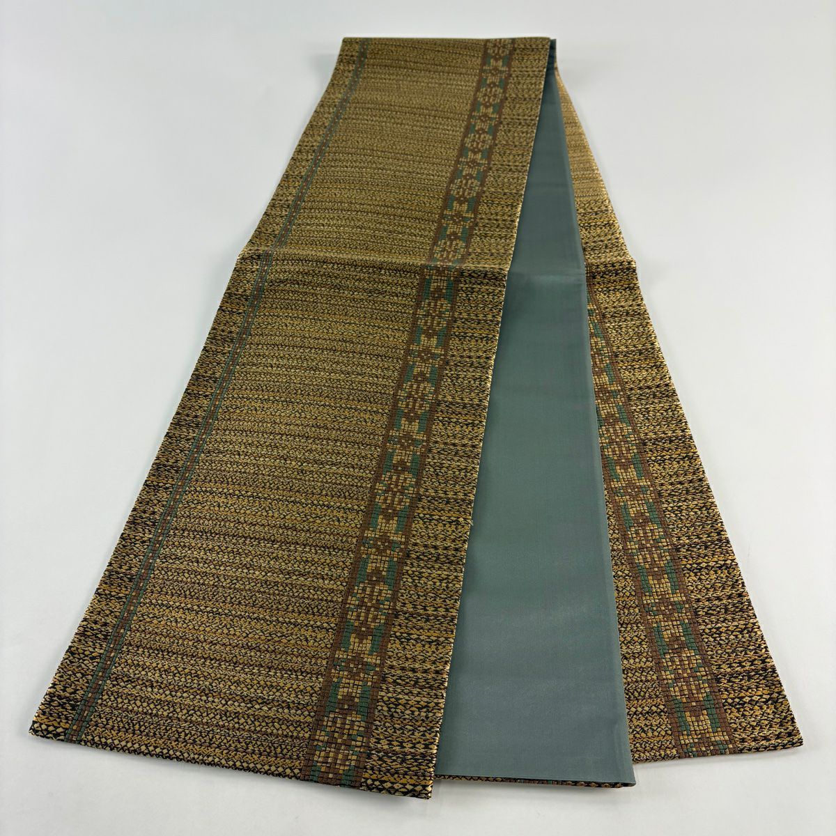 【美品】 袋帶 秀品級 縞 幾何圖案 金絲 黃土色 六通 純蠶絲