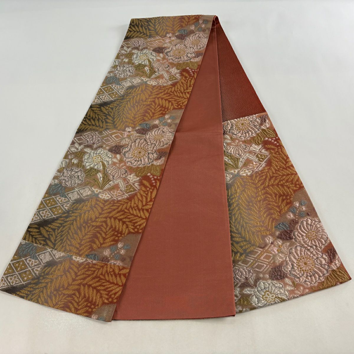 【美品】 袋帶 秀品級 辻花染圖案 花菱 金絲 拉麵 茜 深藍 六通 純蠶絲