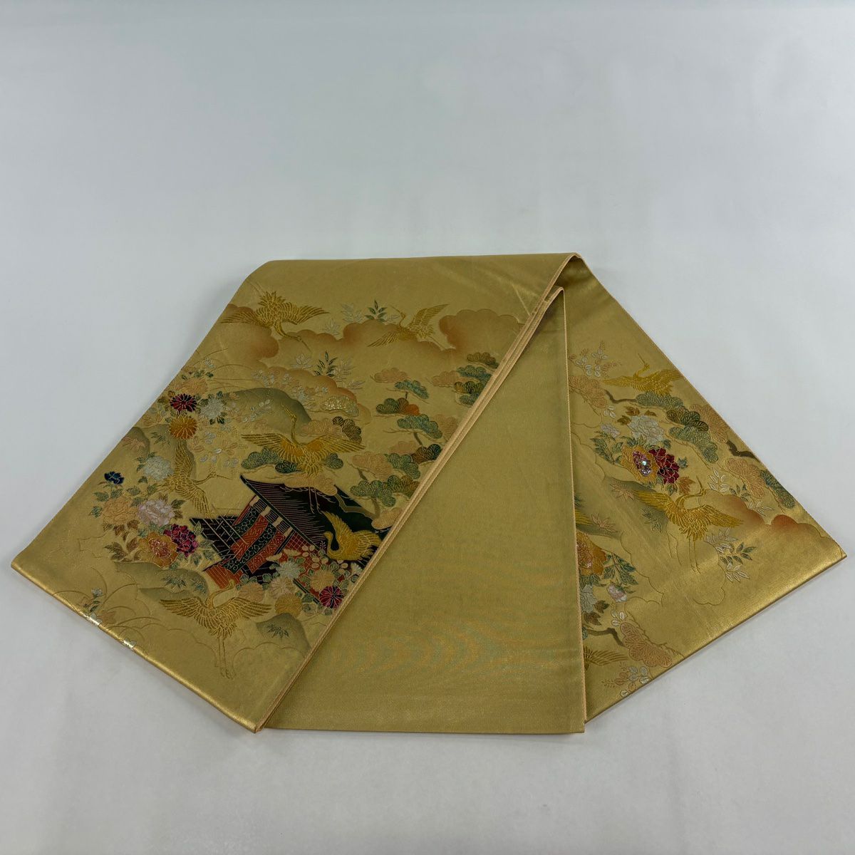 袋帶 秀品級 風景 仙鶴 螺鈿 金銀彩 金純蠶絲