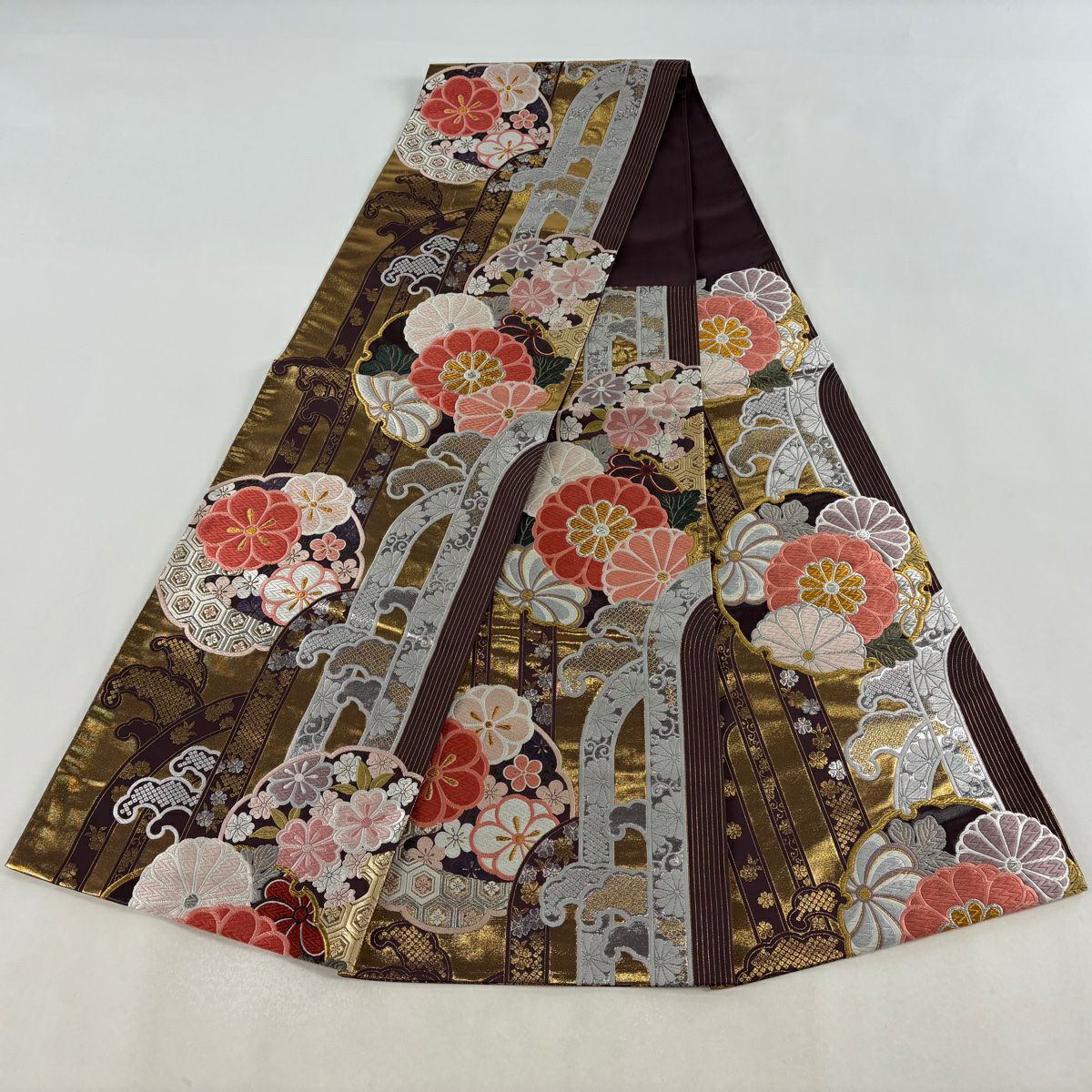 【美品】 袋帶 秀品級 菊花 波頭 唐織 金金箔 金色 六通 純蠶絲