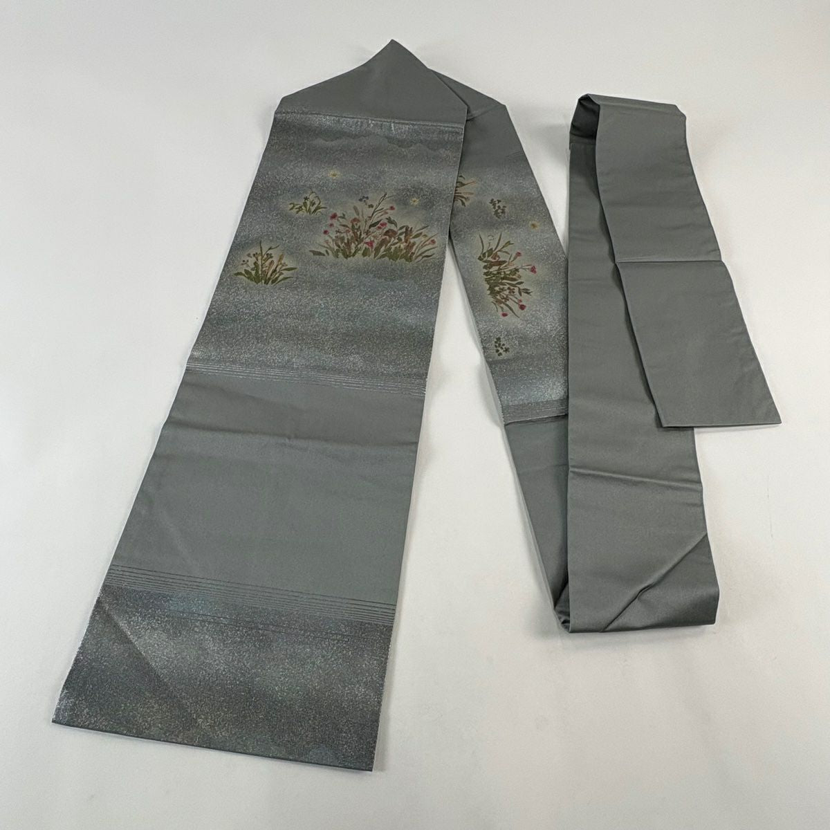 名古屋帶 秀品級 草花紋紋 金金箔金銀彩 灰綠 純蠶絲
