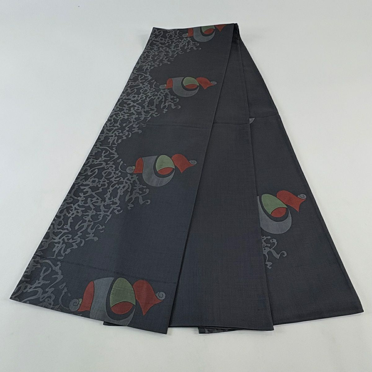 【美品】 袋帶 秀品級 文字文 巻物 灰 深藍 六通 純蠶絲