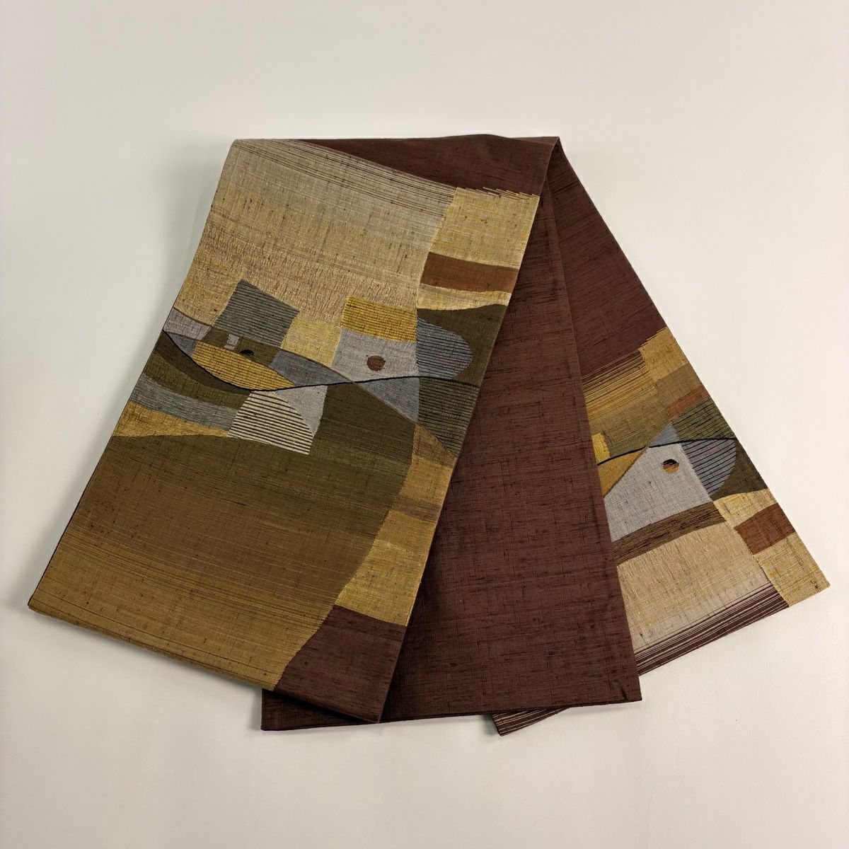 【美品】 袋帶 秀品級 紬織織 幾何學圖案 茶 お太鼓圖案 純蠶絲
