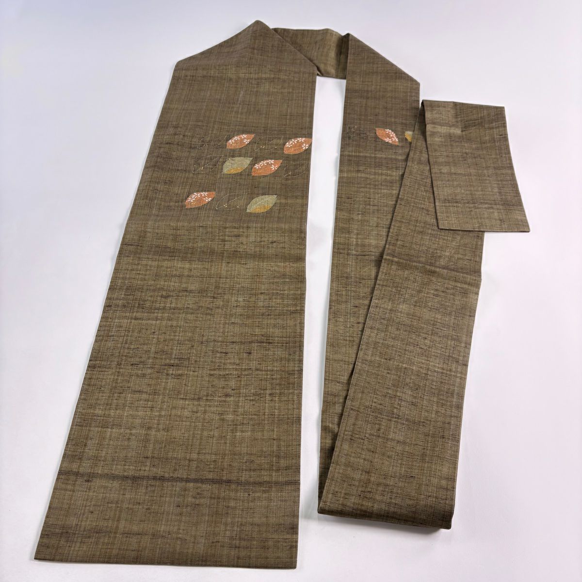 【美品】 名古屋帶 秀品級 葉柄 金糸 茶綠 純蠶絲