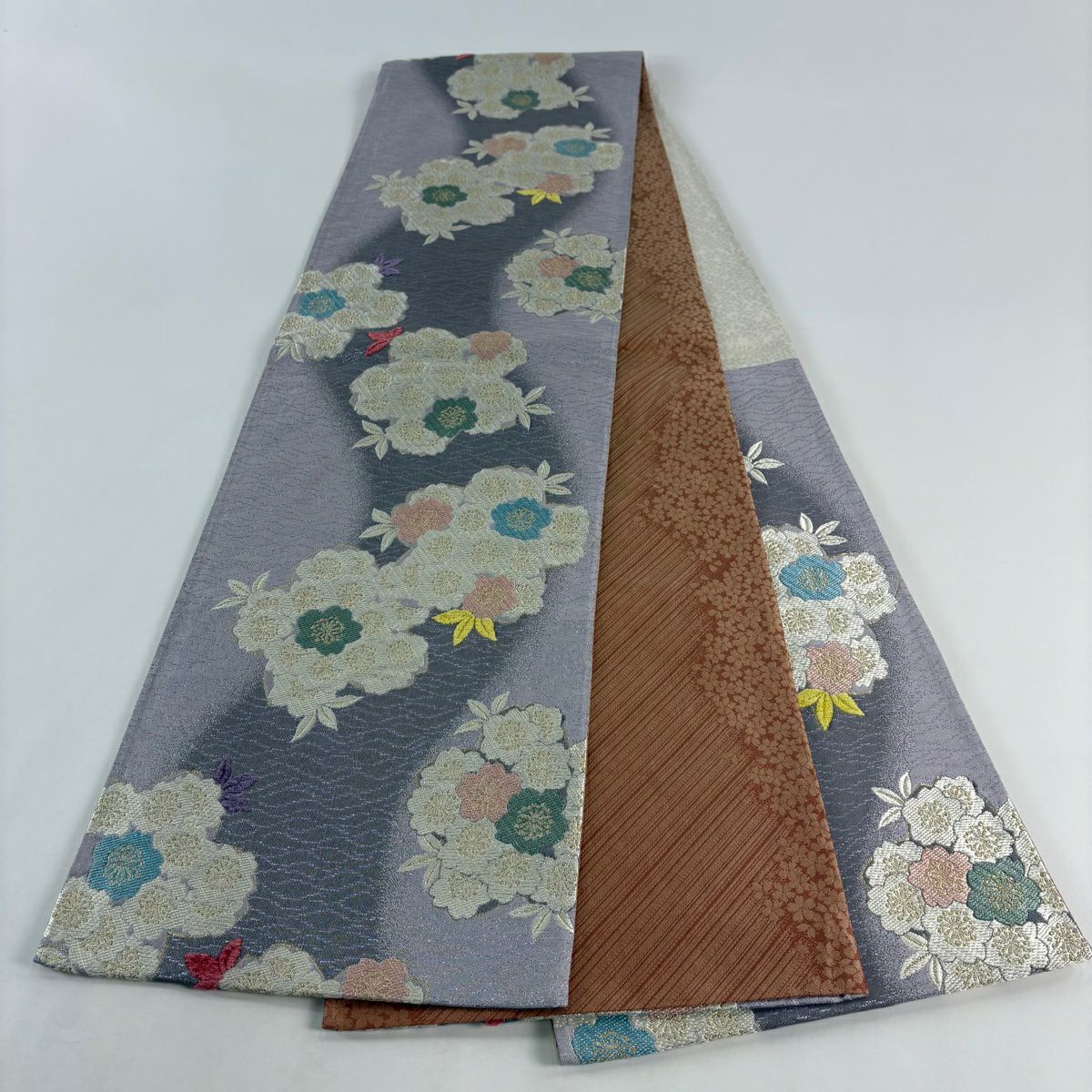 【美品】 袋帶 秀品級 振袖禮服禮服用 櫻花 金金箔 絨面風 淺紫 六通 純蠶絲