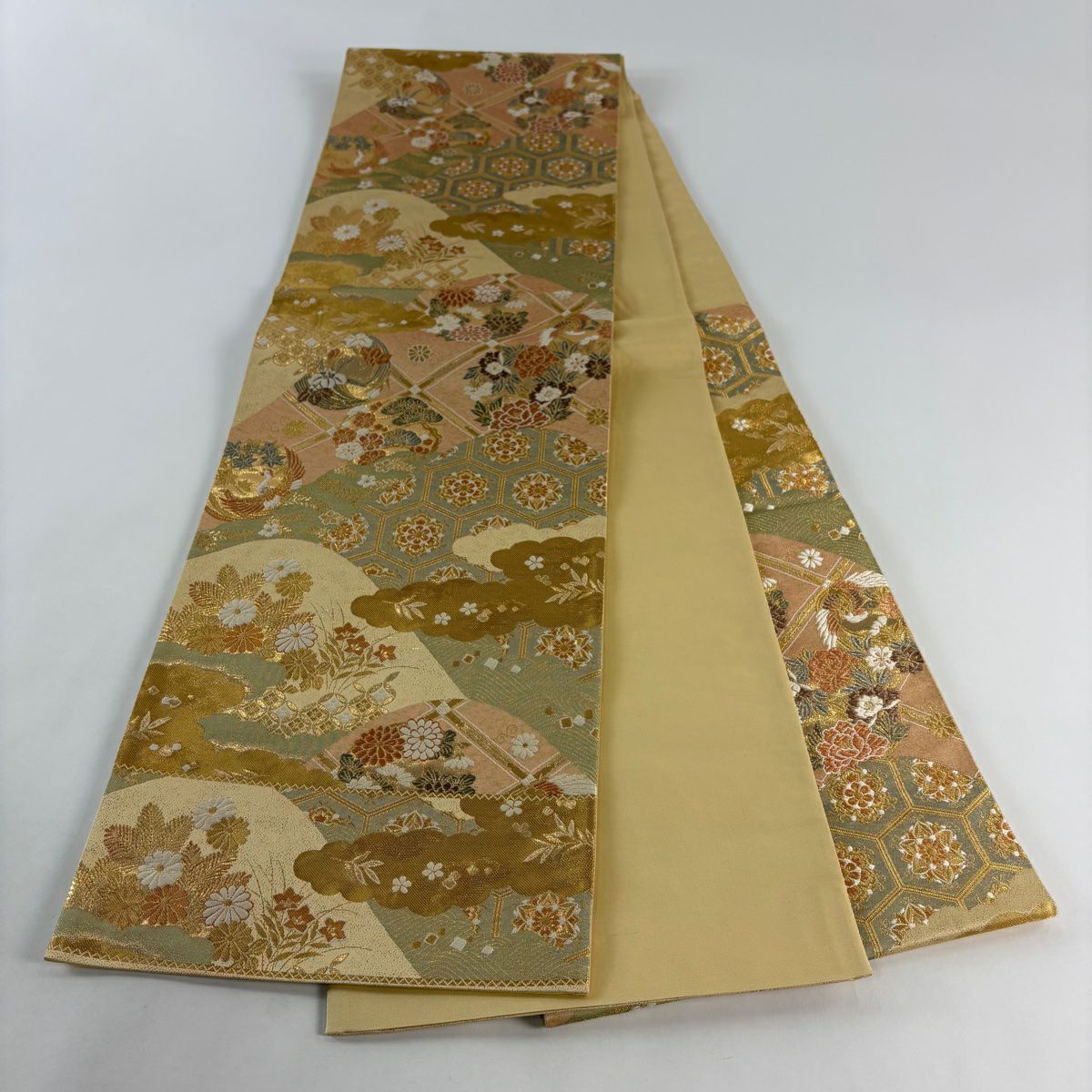 【美品】 袋帶 秀品級 關西仕立 離山花丸小袖紋 花鳥 金金箔 金線 金色 六通 純蠶絲