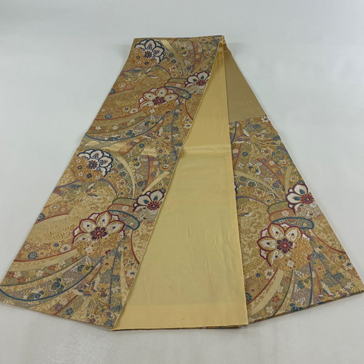 袋帶 秀品級 束熨斗紋 花鳥 金絲 金金箔 金色 六通 純蠶絲