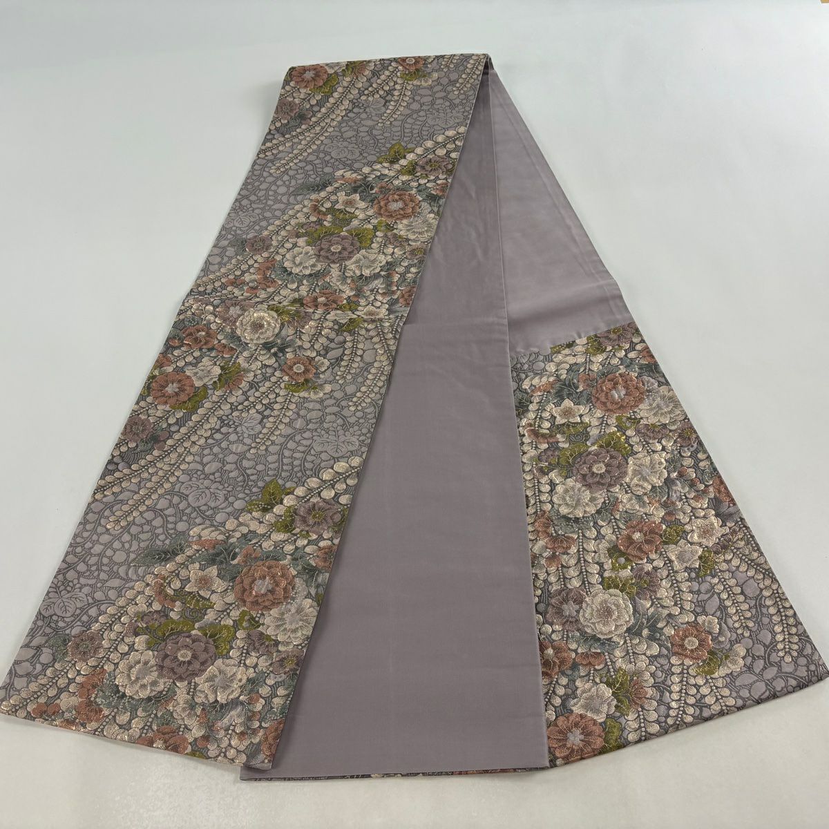 【美品】 袋帶 秀品級 草花紋 灰紫 六通 純蠶絲