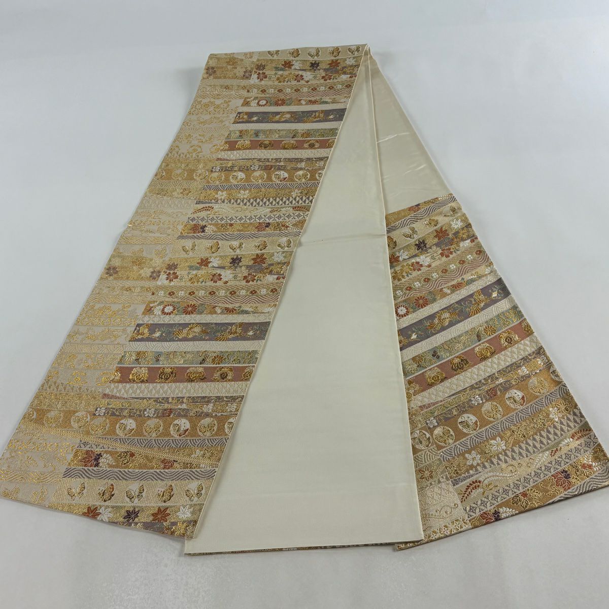 【美品】 袋帶 秀品級 櫻花 鳥 金絲 金金箔 金色 六通 純蠶絲