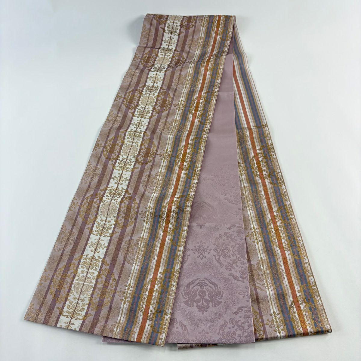 【美品】 袋帶 秀品級 華紋 縱條 金絲 金金箔 淺紫 六通 純蠶絲