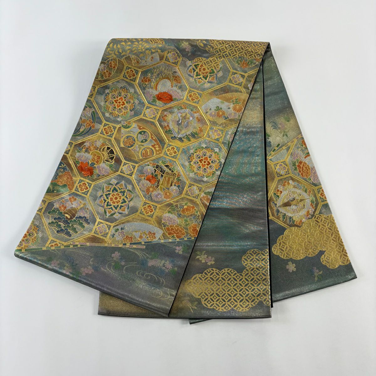 袋帶 秀品級 關西仕立 紹江紋 華紋 刺繡 金銀彩 青灰 純蠶絲