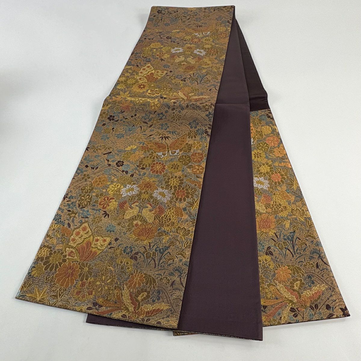 【美品】 袋帶 秀品級 花鳥 蝶 金金箔 金茶 六通 純蠶絲