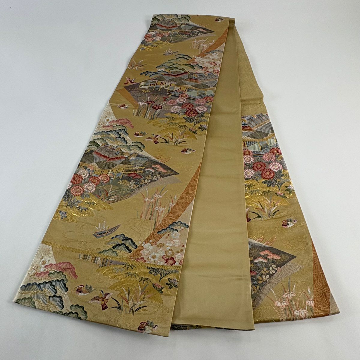 袋帶 秀品級 建築 松樹竹子梅花 金金箔 唐織 米色 六通 純蠶絲