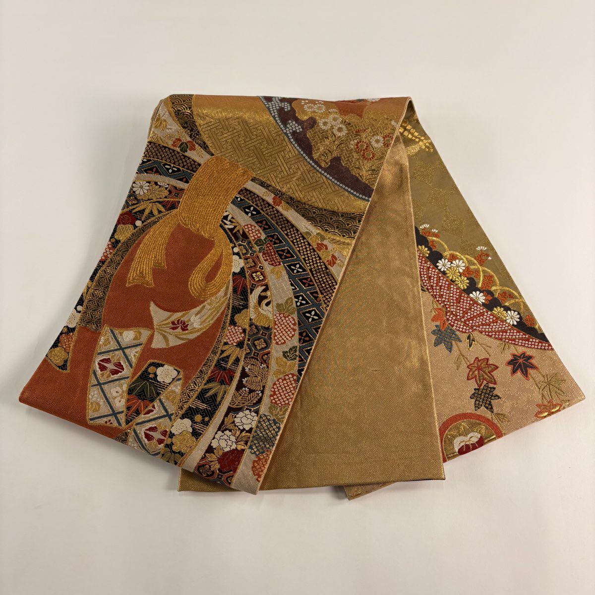 袋帶 秀品級 束捲熨斗紋 松樹竹子梅花 金絲 金金箔 橙色 大鼓圖案 純蠶絲