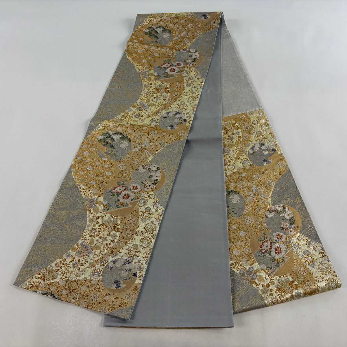 【美品】 袋帶 秀品級 祝壽流水紋 金絲 金金箔 灰色 六通 純蠶絲