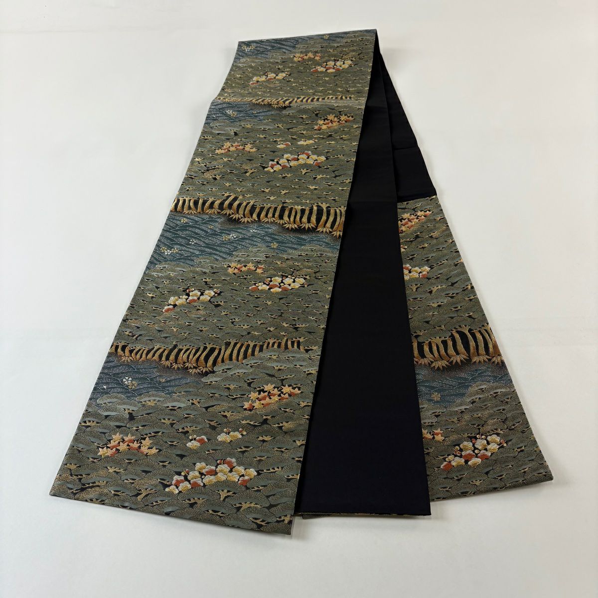 袋帶 秀品級 松樹竹子梅花 波 金銀彩 刺繡 灰綠 六通 純蠶絲