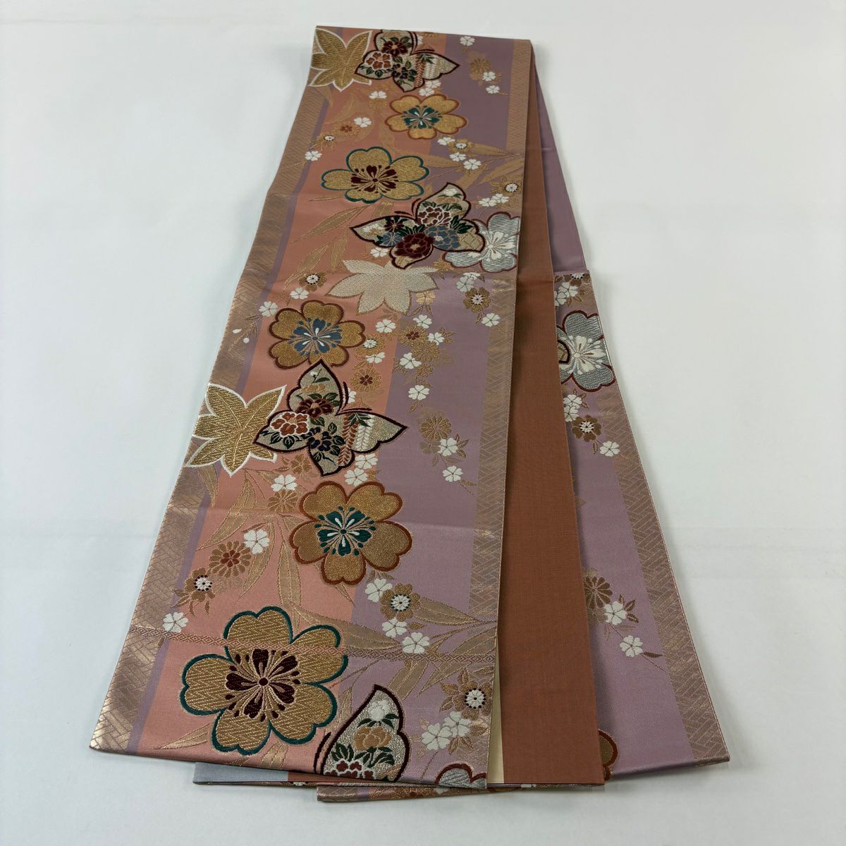 【美品】 袋帶 秀品級 蝶 櫻花 刺繡 金銀彩 薄紫 六通 純蠶絲