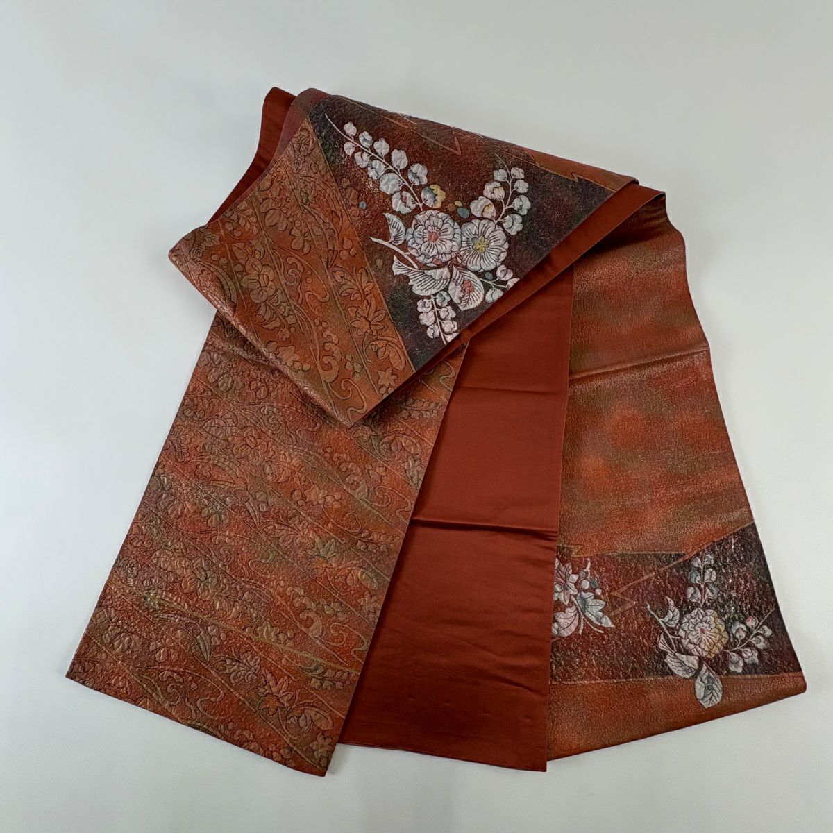 【美品】 袋帶 秀品級 辻花染圖案 波頭 金金箔 茜 純蠶絲
