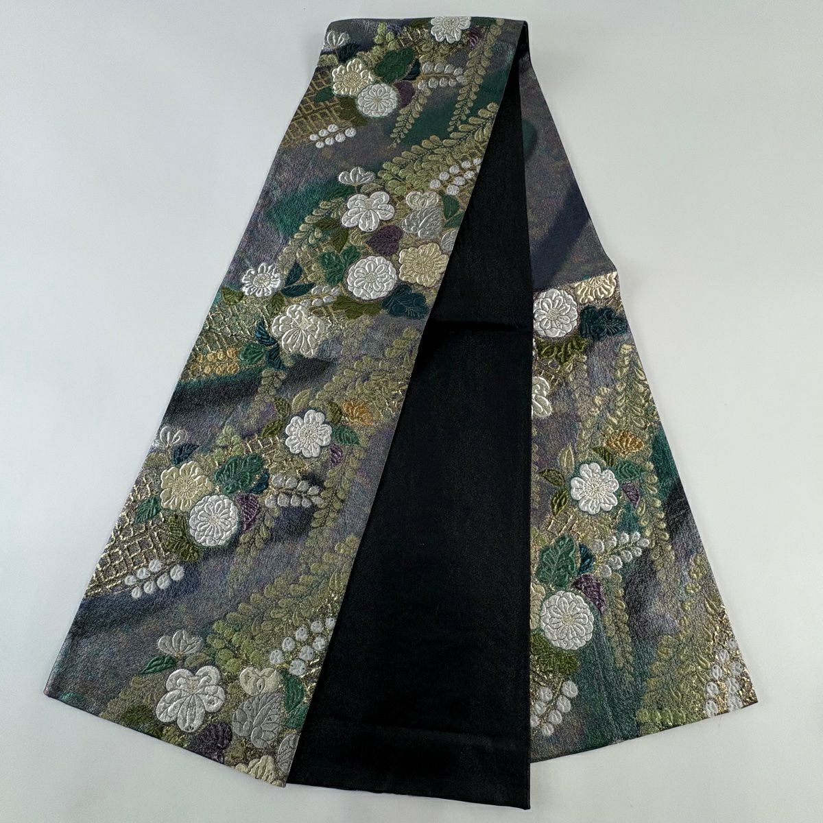 【美品】 袋帶 優品級 辻花染圖案 紫藤 金銀彩 金金箔 灰紫 六通 純蠶絲