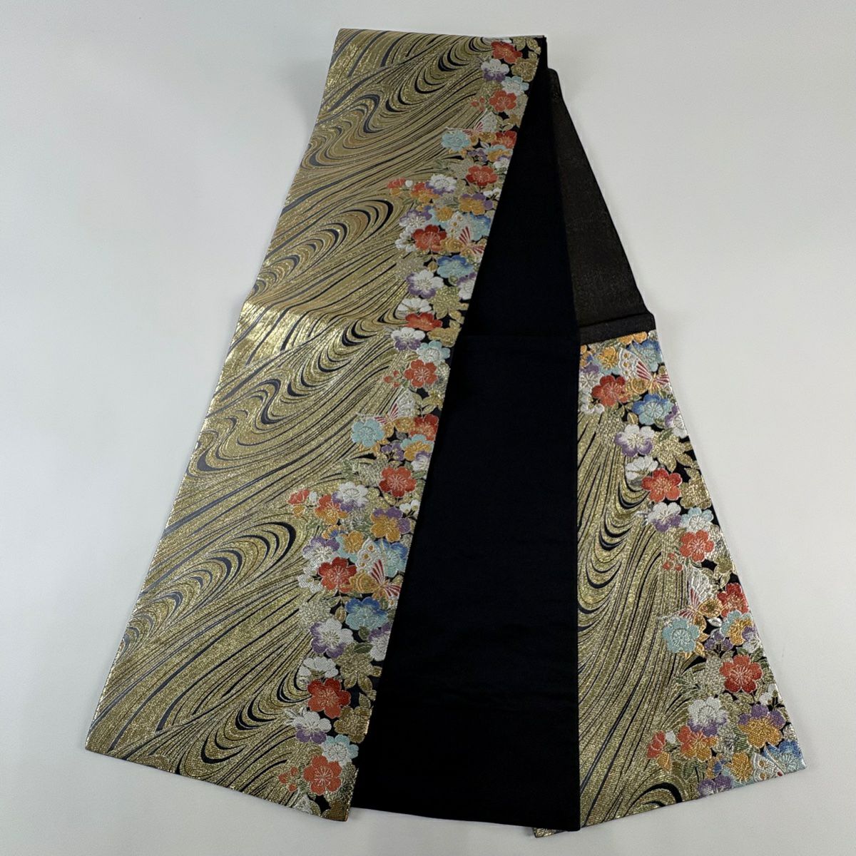 【美品】 袋帶 秀品級櫻花 蝴蝶 金銀彩 金色 六通 純蠶絲