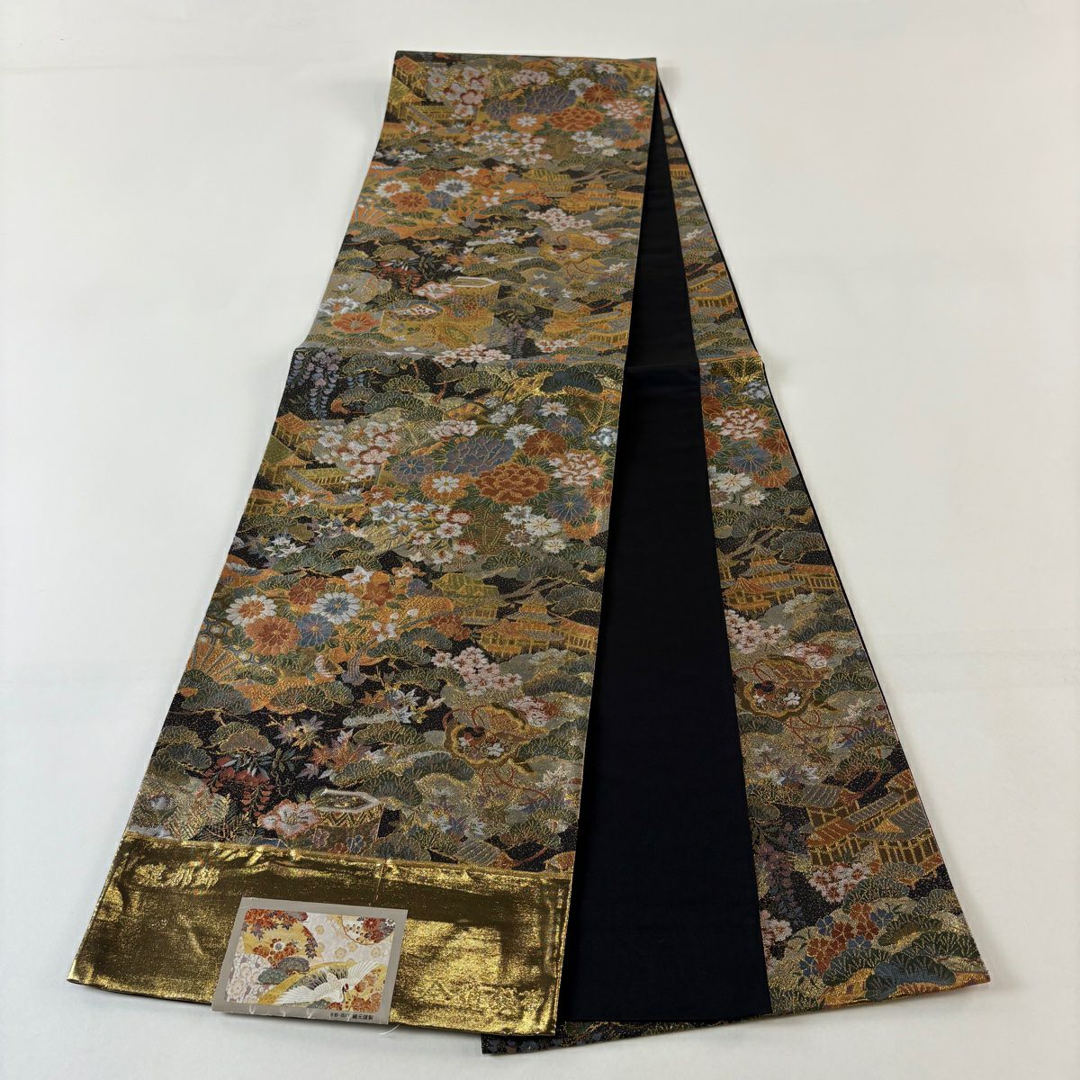 【美品】 袋帶 秀品級 證書齊全 建都錦 貝桶 草花紋紋 金糸 金金箔 黑 全通 純蠶絲