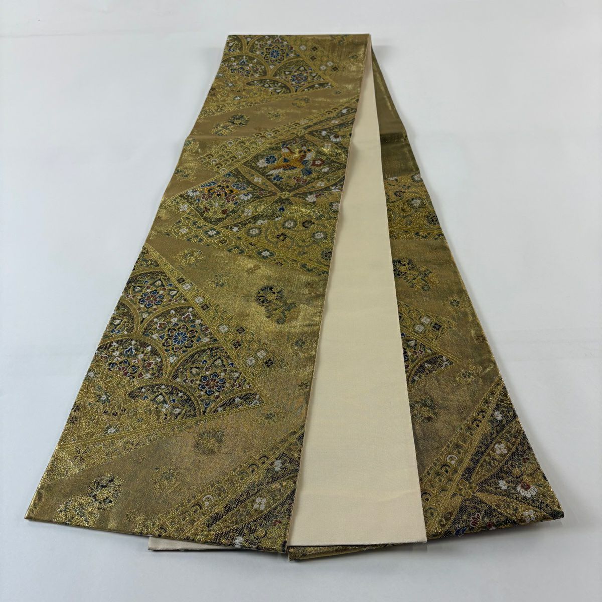 袋帶 秀品級 鳥 草花紋 金絲 金金箔 金色 六通 純蠶絲