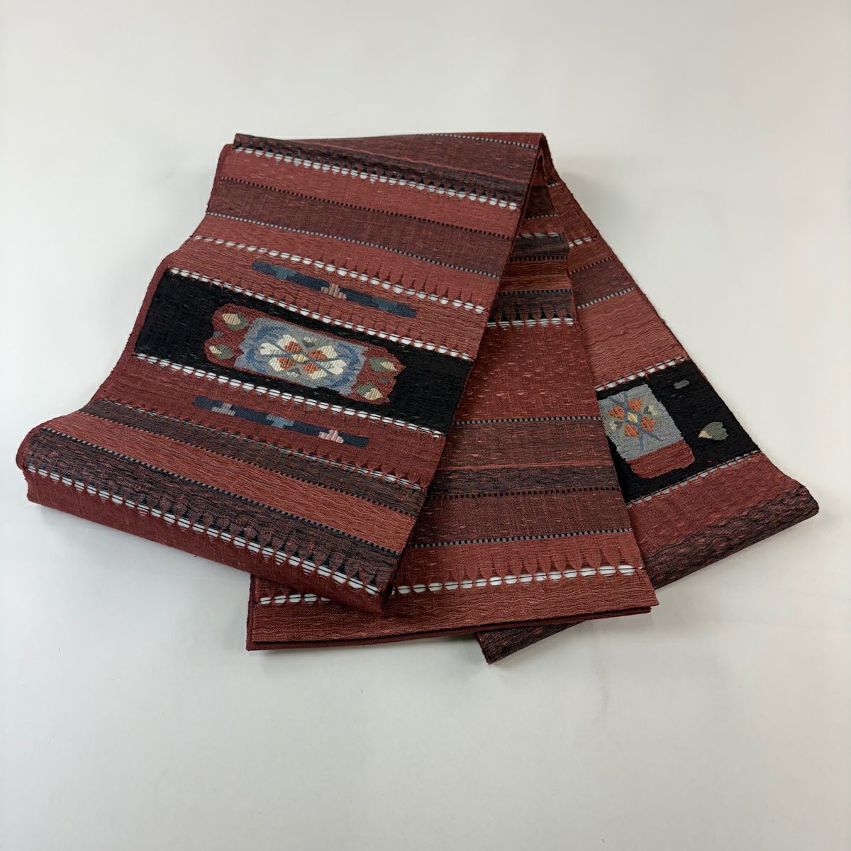 【美品】 袋帶 秀品級 花 縞 小豆 深藍色 お太鼓圖案 純蠶絲