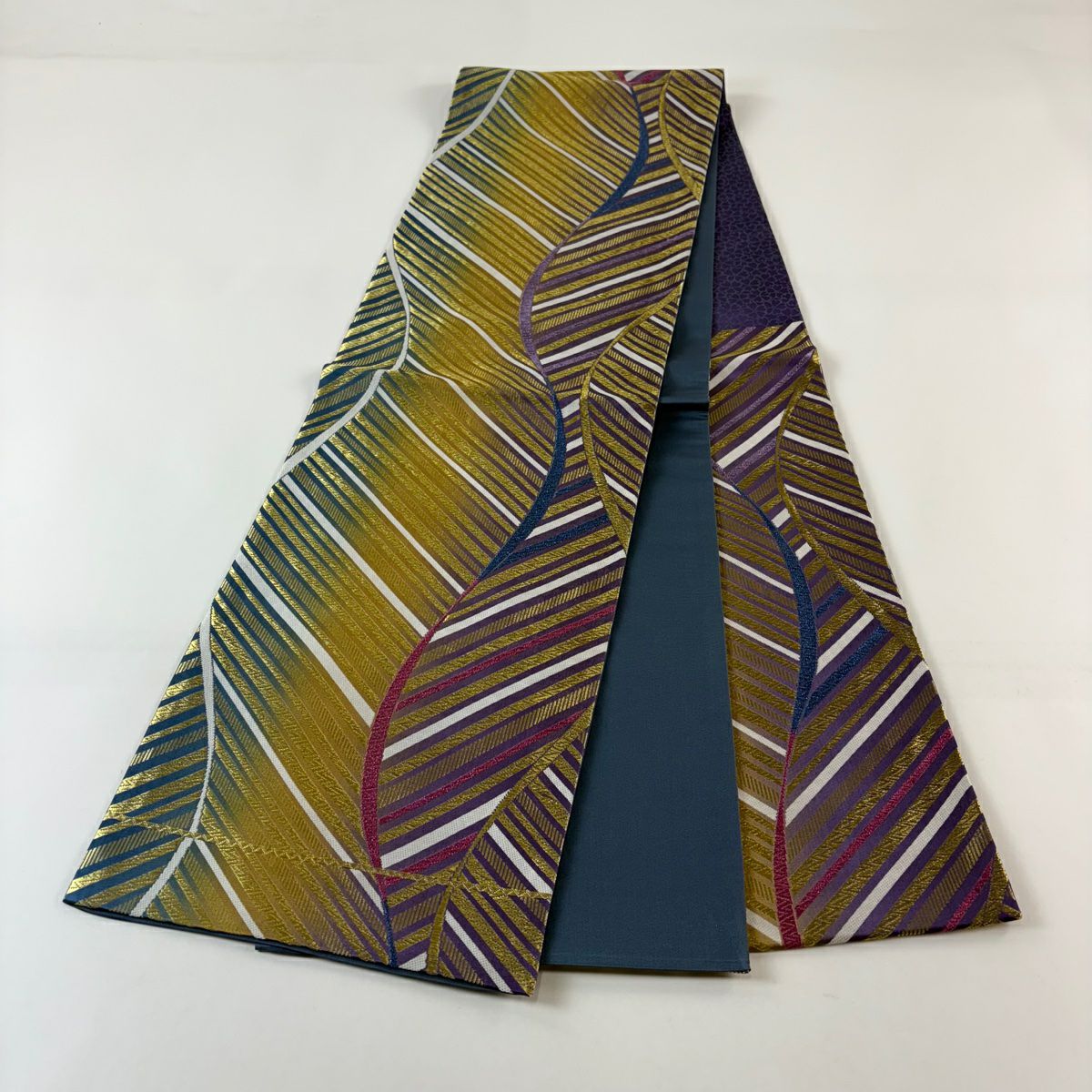 袋帶 秀品級 斜紋 金絲 刺繡 紫 六通 純蠶絲