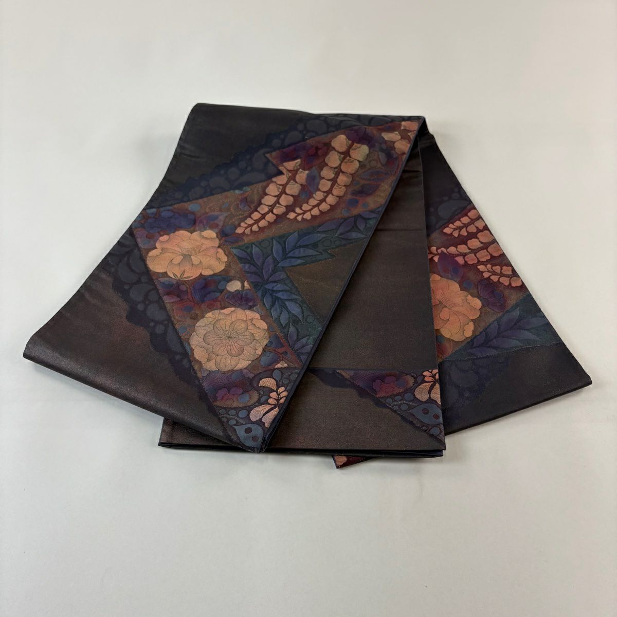 【美品】 袋帶 優品級 辻花染圖案 幾何圖案 金絲 金金箔 灰紫色 大鼓圖案 純蠶絲