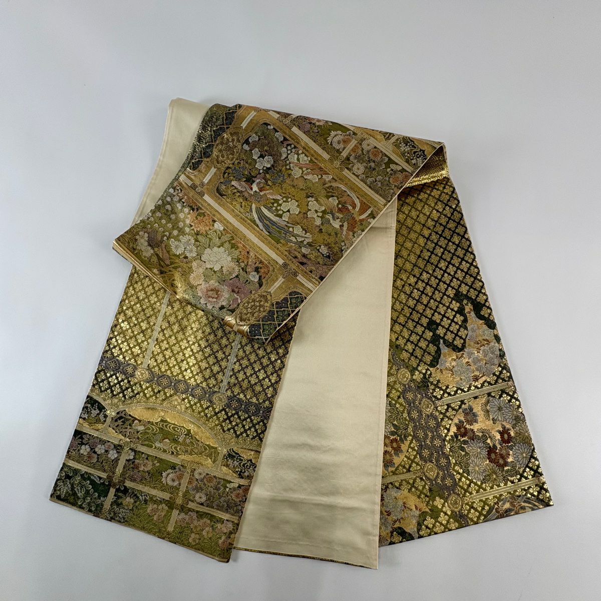 【美品】 袋帶 秀品級 證書齊全 御天井絢爛圖 金金箔 金色 大鼓圖案 純蠶絲