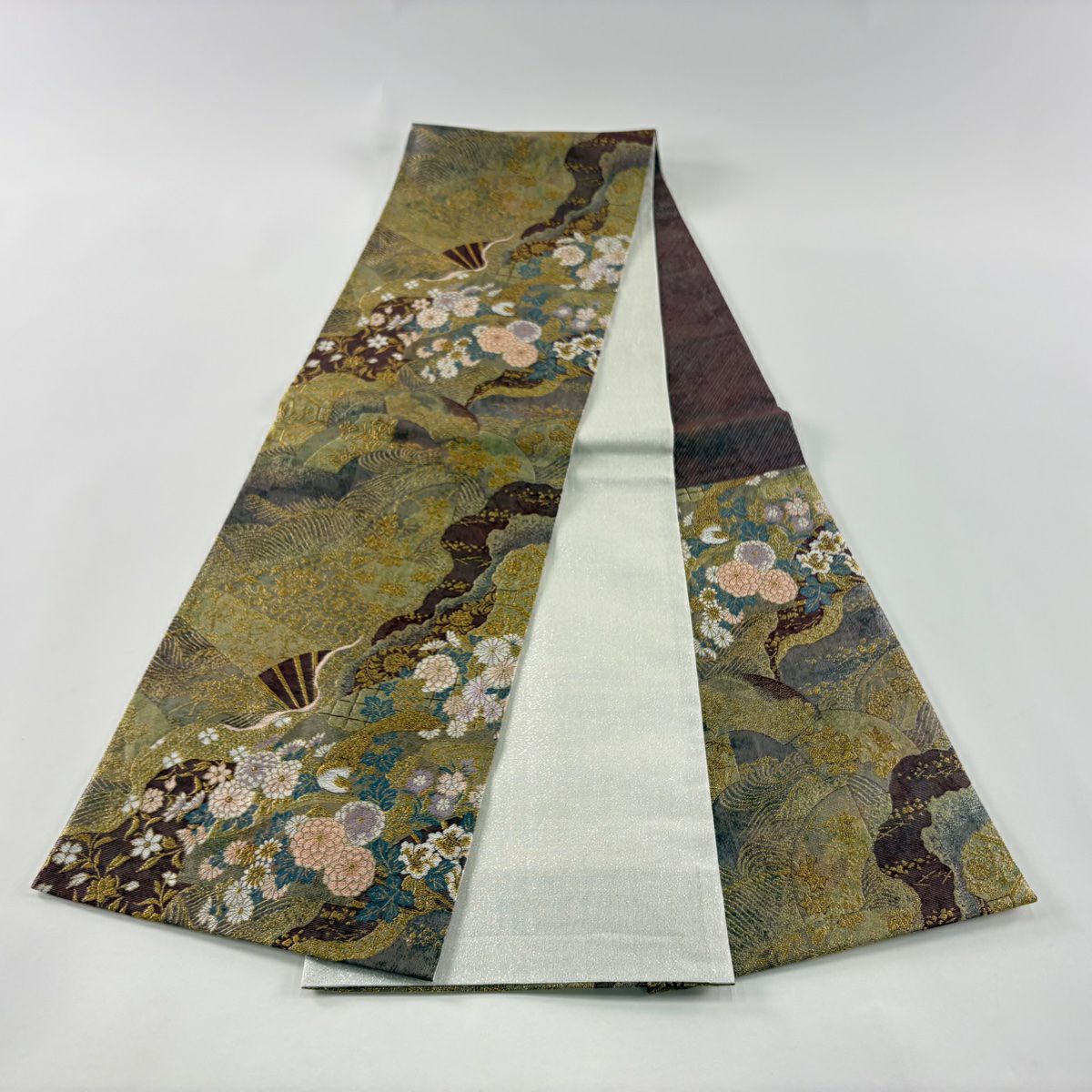 【美品】 袋帶 秀品級 菊花花 扇子面 金絲 金金箔 紅紫 六通 純蠶絲