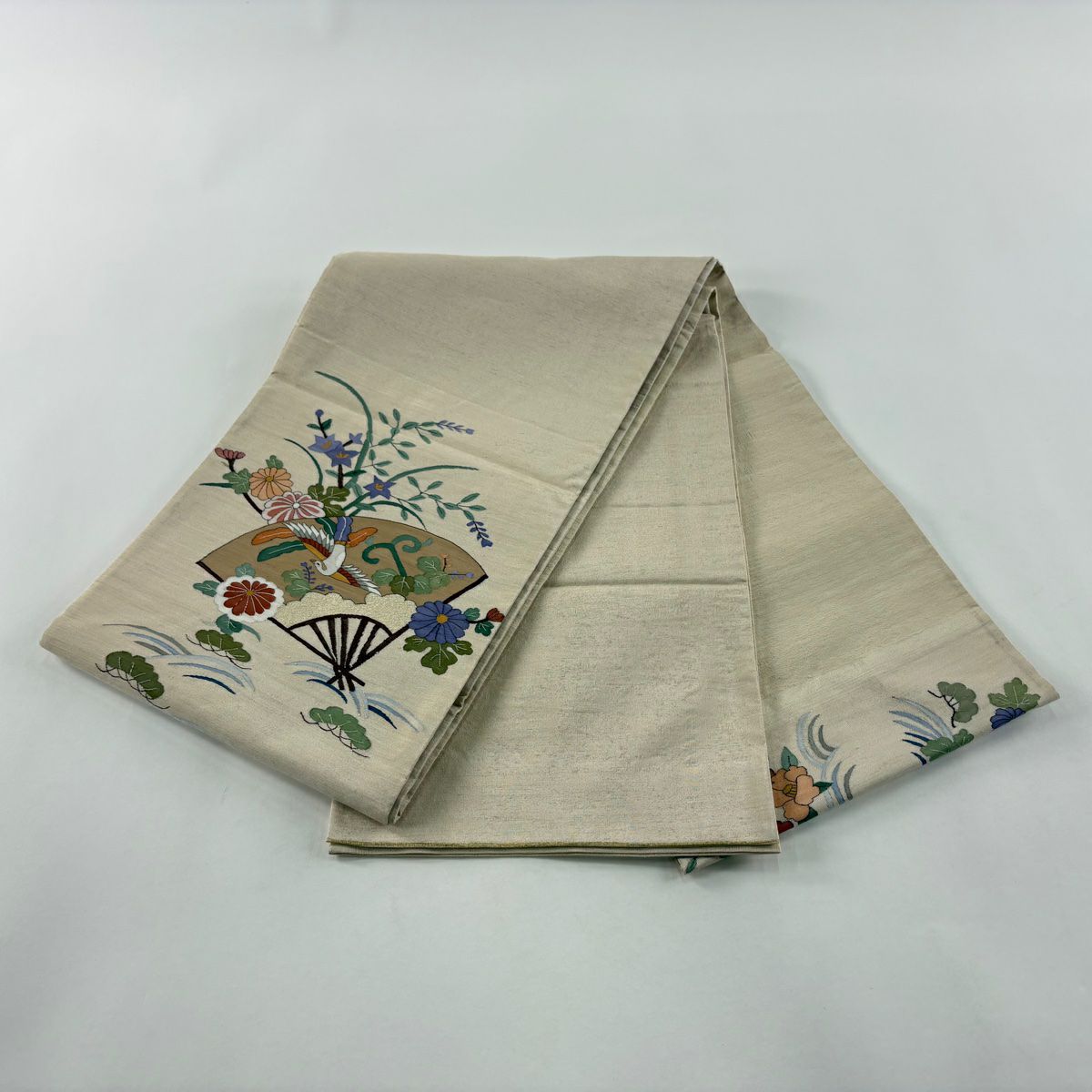 袋帶 秀品級 紬織織 花鳥 扇子 金絲 米色 大鼓圖案 純蠶絲