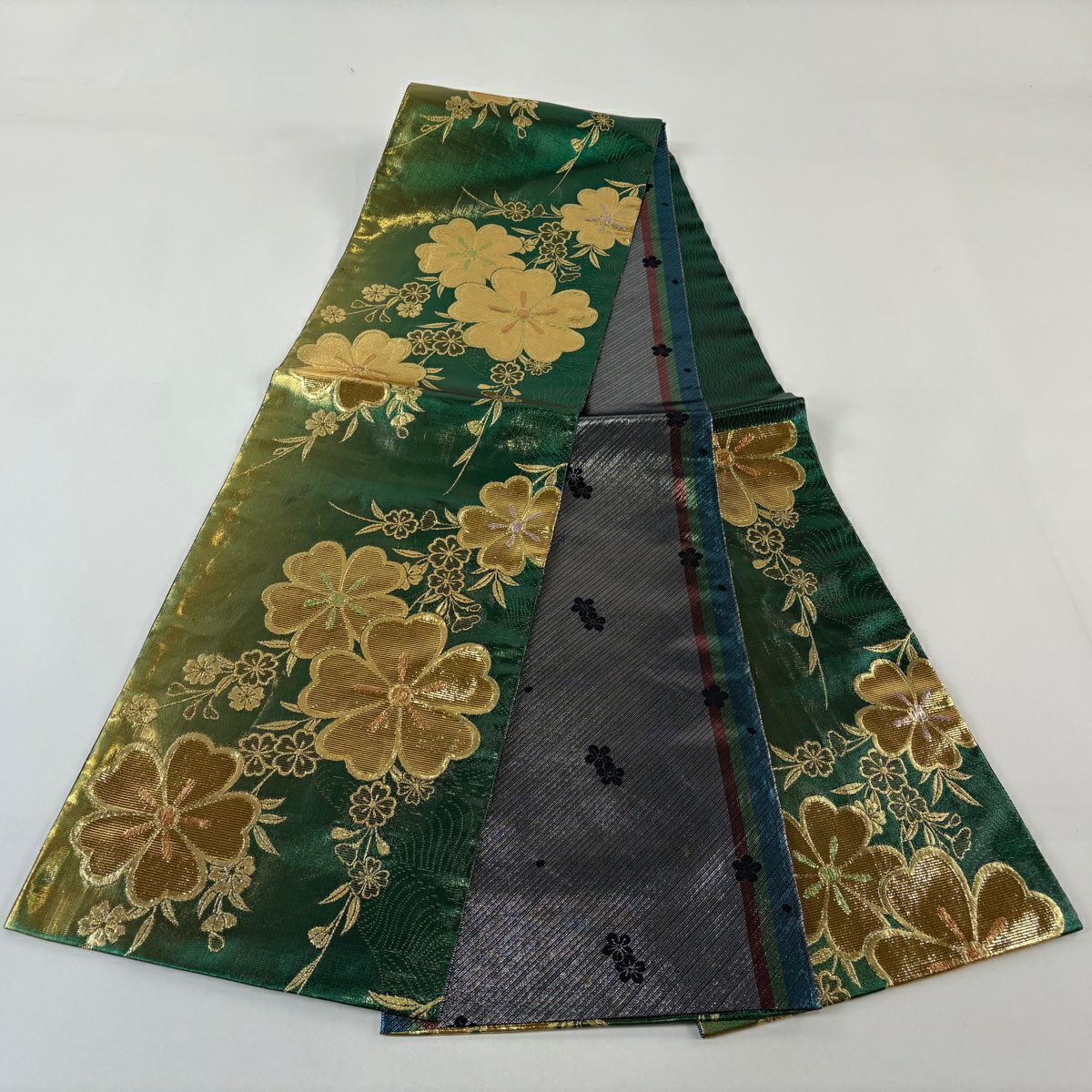 【美品】 袋帶 優品級 振袖禮服禮服用 櫻花 金金箔 金絲 綠色 六通 純蠶絲