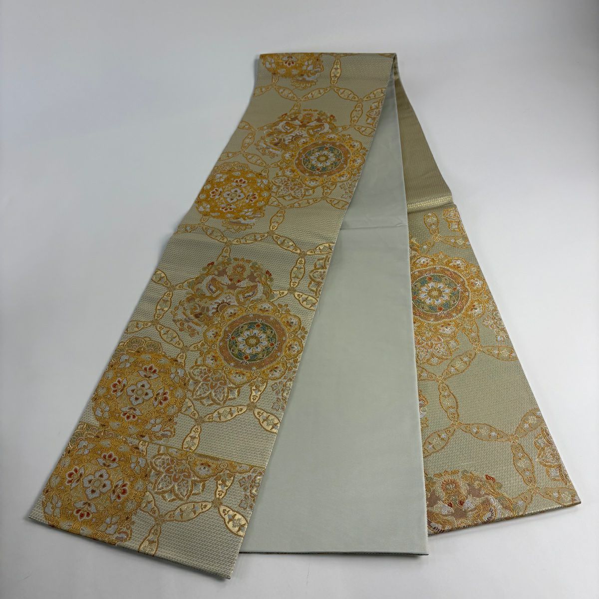 【美品】 袋帶 秀品級 華紋 向鳥 金銀線 金金箔 金色 六通 純蠶絲