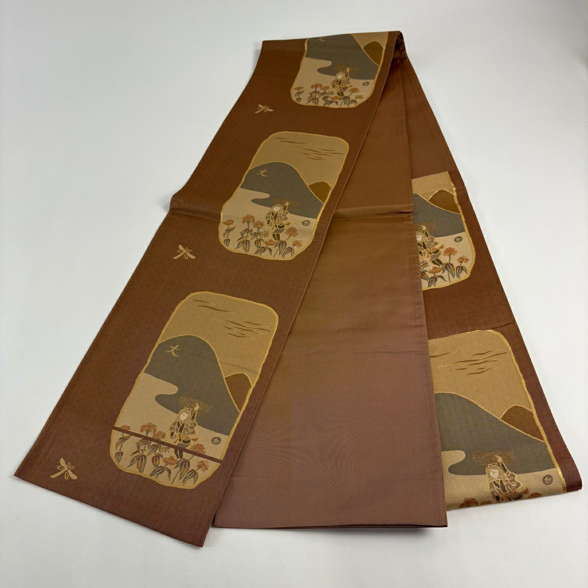 【美品】 袋帶 秀品級 大原女 大文字燒 金金箔 茶 六通 純蠶絲