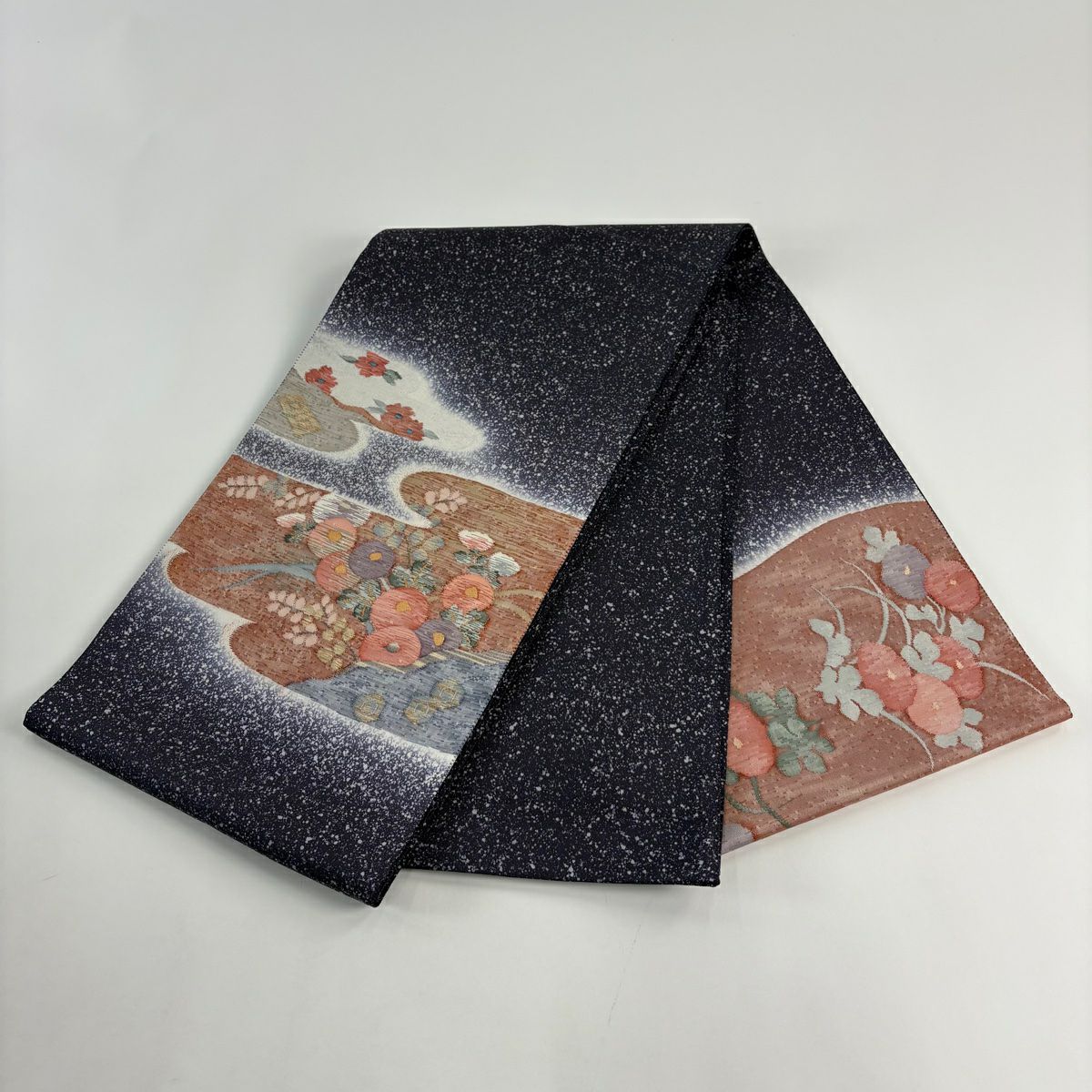 【美品】 袋帶 秀品級 萬壽菊花 霞 金絲 濃紫 大鼓圖案 純蠶絲