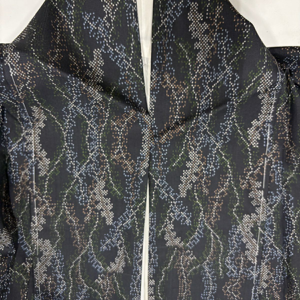【美品】 紬織 身長159cm 袖長64.5cm M 雙層 幾何圖案 墨 深藍 純蠶絲 優品級
