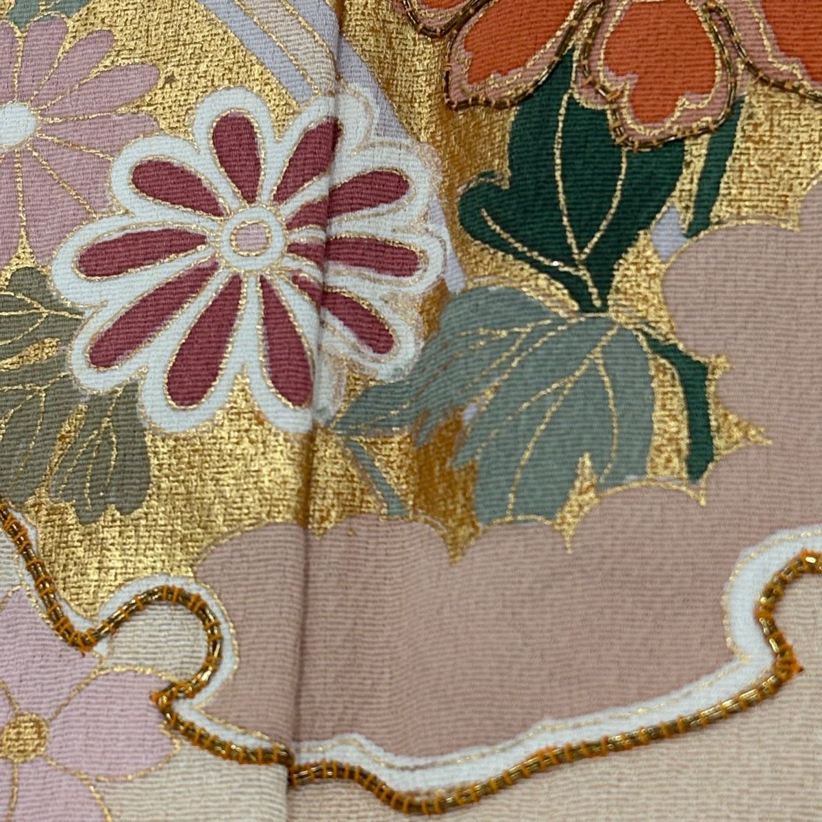 訪問服 身長159.5cm 袖長66cm M 雙層 雪輪 草花紋 金絲 金銀彩 鮭粉色 純蠶絲 秀品級