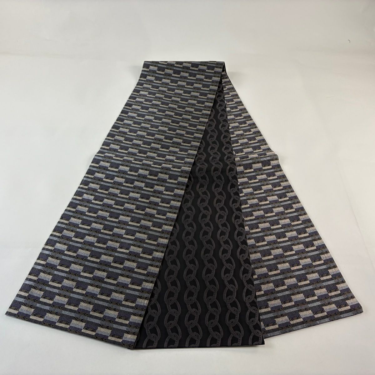 【美品】 袋帶 名品級 格子 紫 全通 純蠶絲
