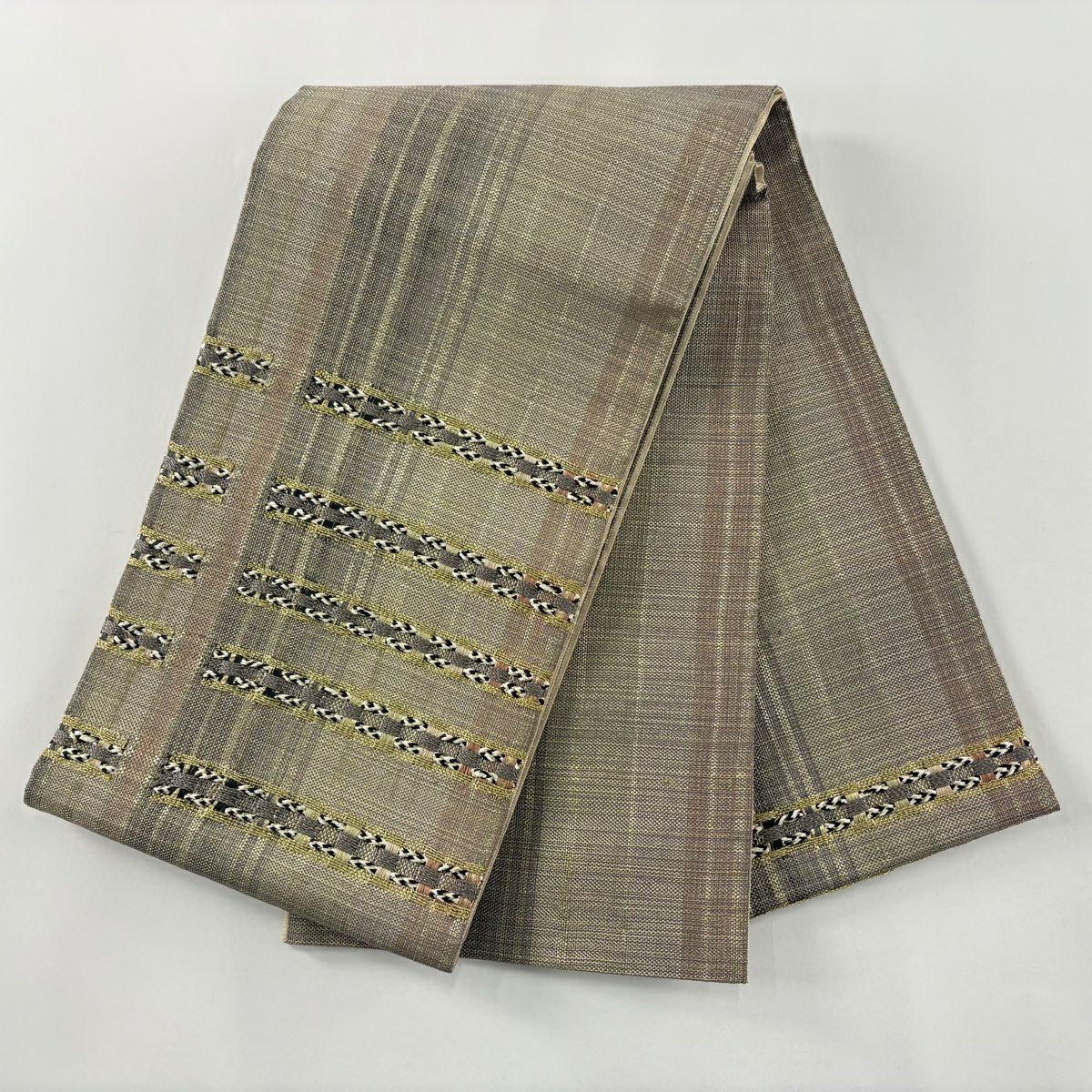 【美品】 袋帶 名品級 段紋 幾何圖案 金絲 金通 灰茶 お太鼓圖案 純蠶絲