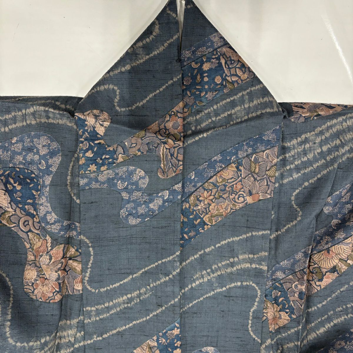小紋 身長160cm 袖長61.5cm S 單層 紬織織 草花紋紋 波 青灰 純蠶絲 名品級