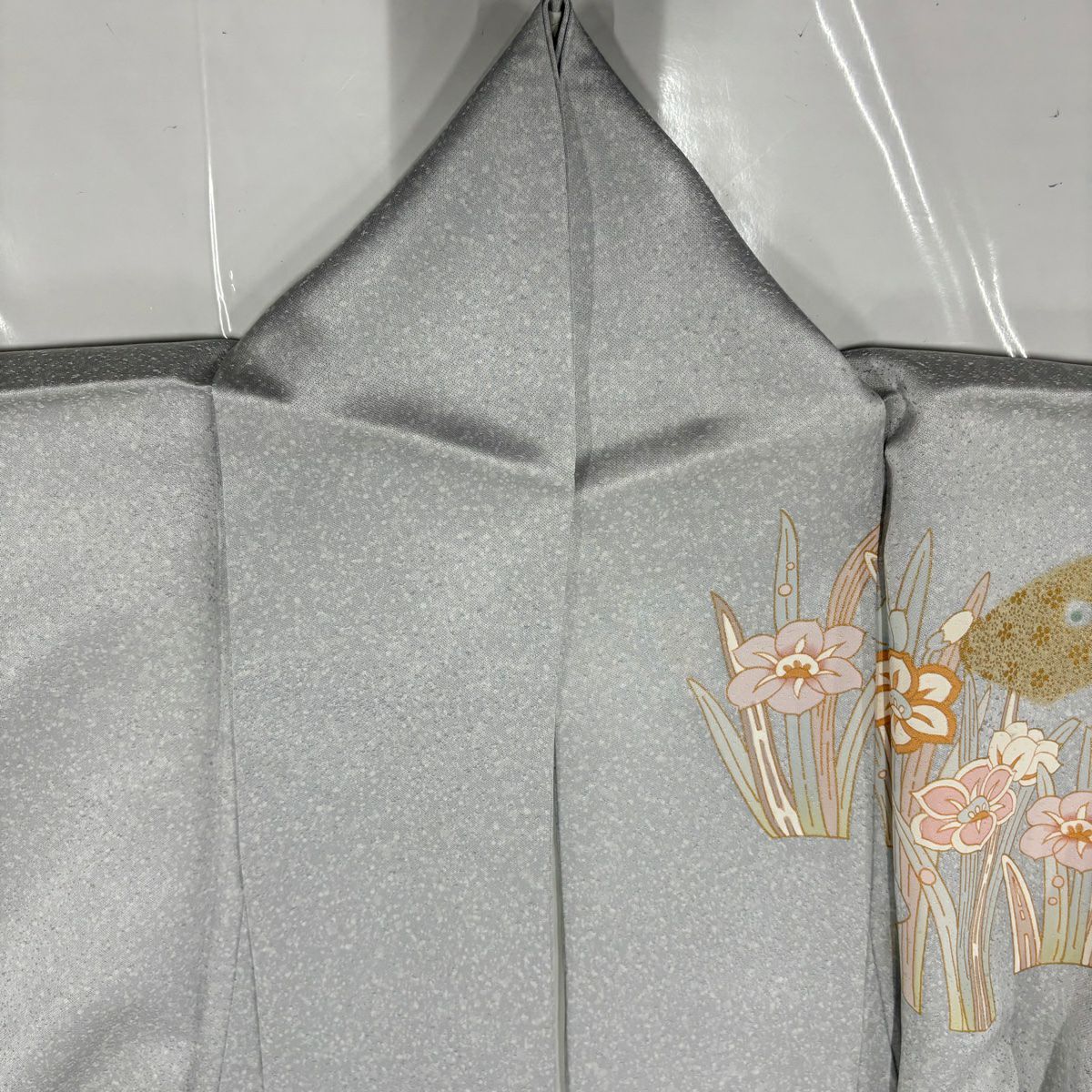 【美品】訪問服 身長159cm 袖長66cm M 雙層 草花紋紋 蝶 金彩裝飾 灰色 純蠶絲 名品級