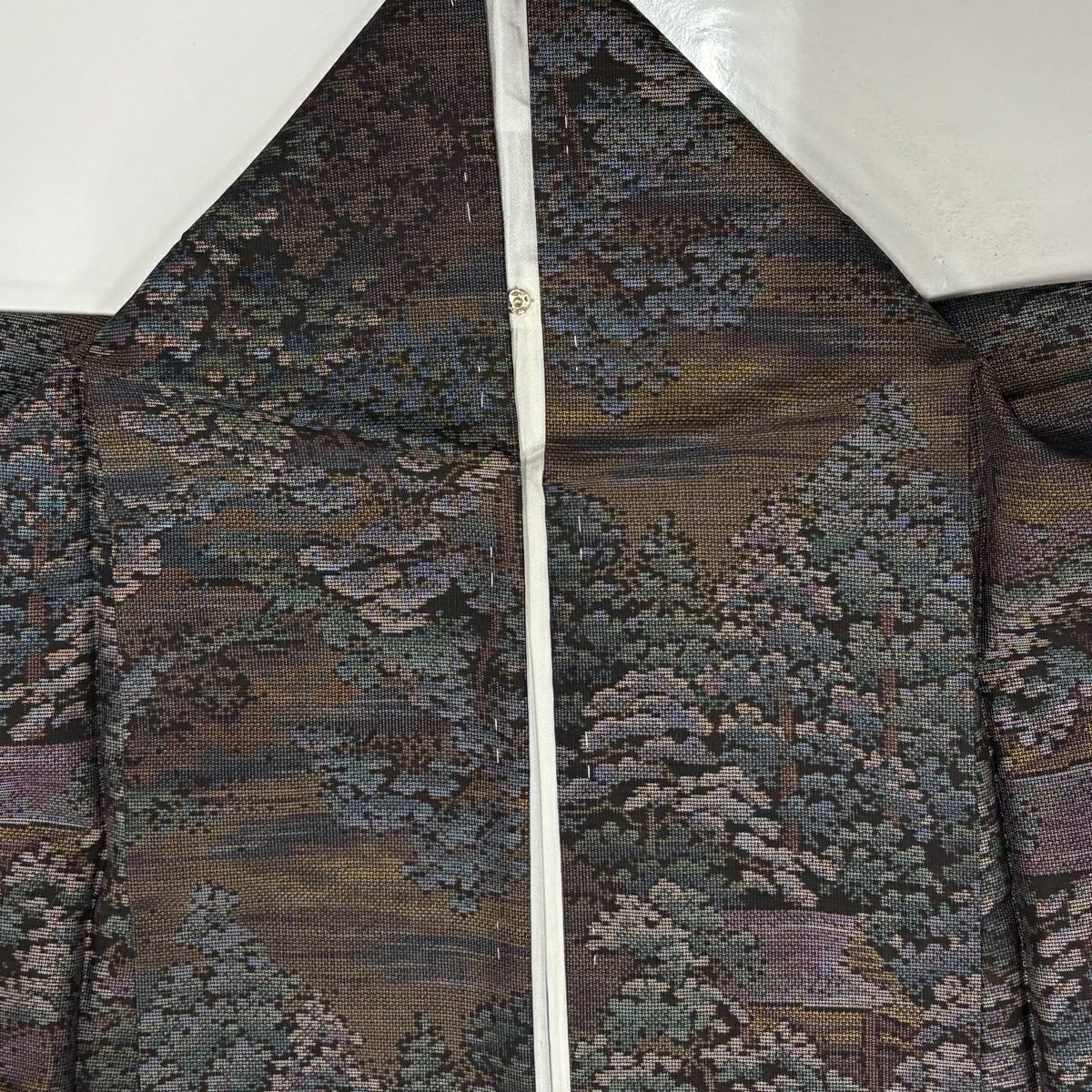 【美品】 紬織 身長160.5cm 袖長65cm M 雙層 樹木 建物 焦茶 純蠶絲 名品級