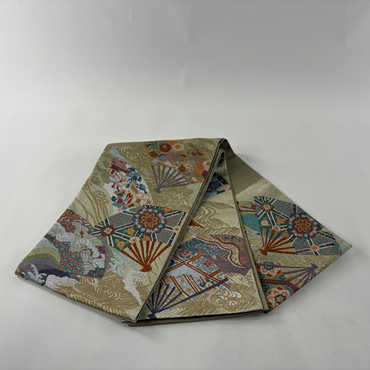 袋帶 逸品級 扇子子 建築 金絲 絽刺繡 灰綠色 大鼓圖案 純蠶絲