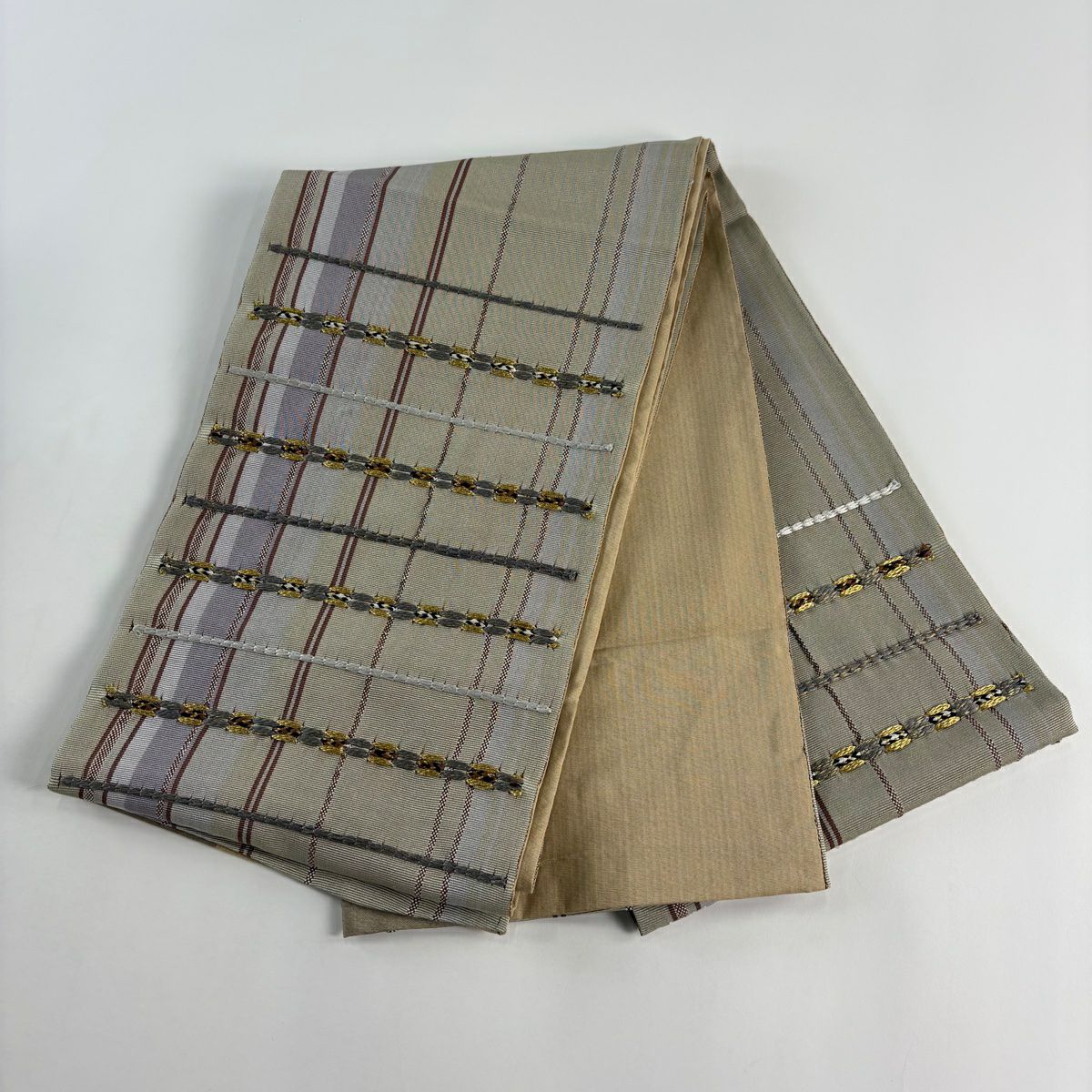 【美品】 袋帶 秀品級 縞 金絲 灰茶 お太鼓圖案 純蠶絲
