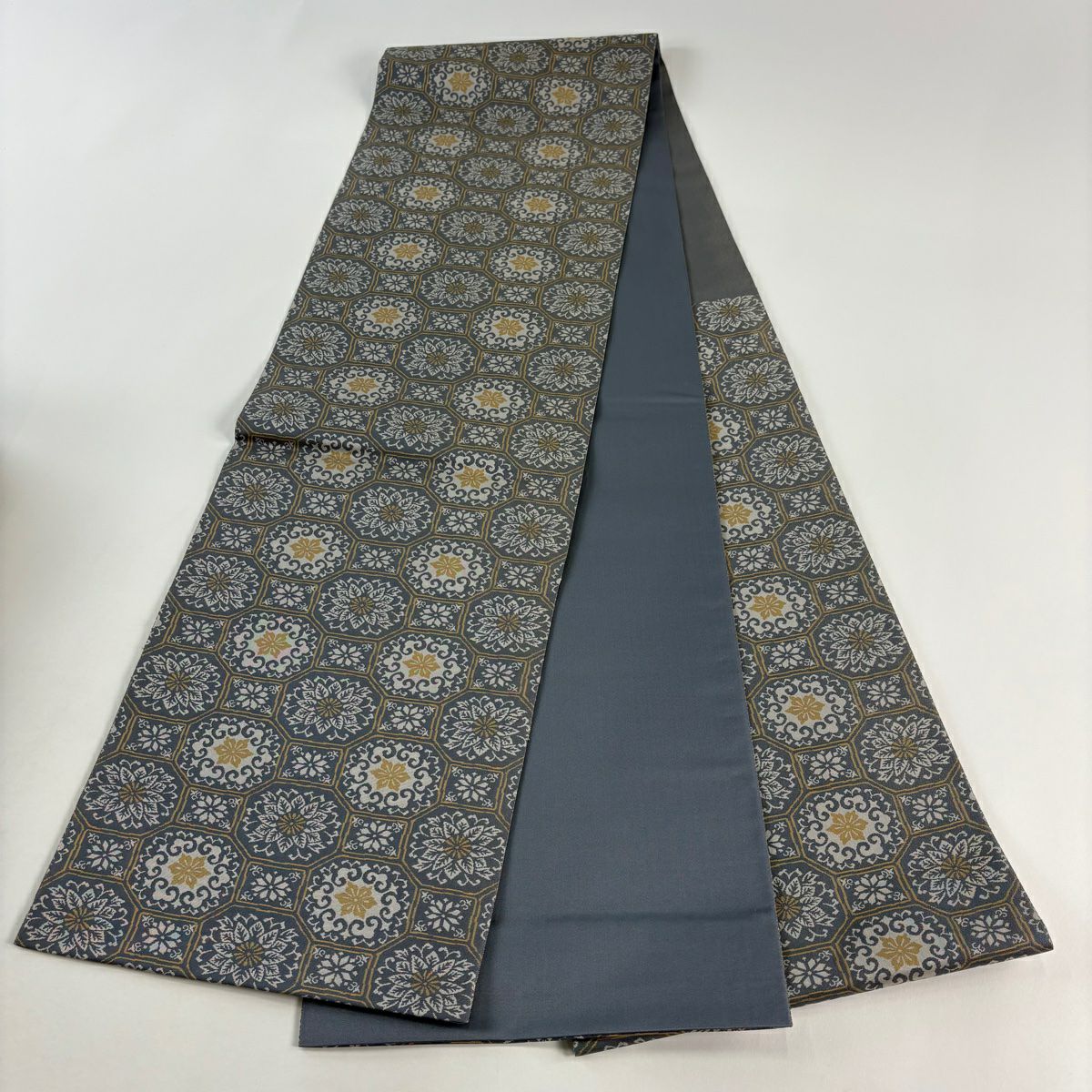 【美品】 袋帶 秀品級 蜀江文 花 金絲 灰色 六通 純蠶絲