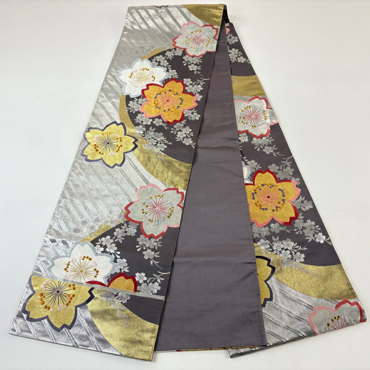 【美品】 袋帶 優品級 振袖禮服禮服用 鈴乃屋 櫻花 金金箔 金絲 灰紫 全通 純蠶絲